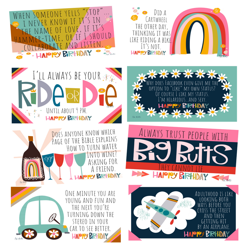 Cartwheels, Airplanes and Big Butts Oh my. Assorted Birthday Notecard Set