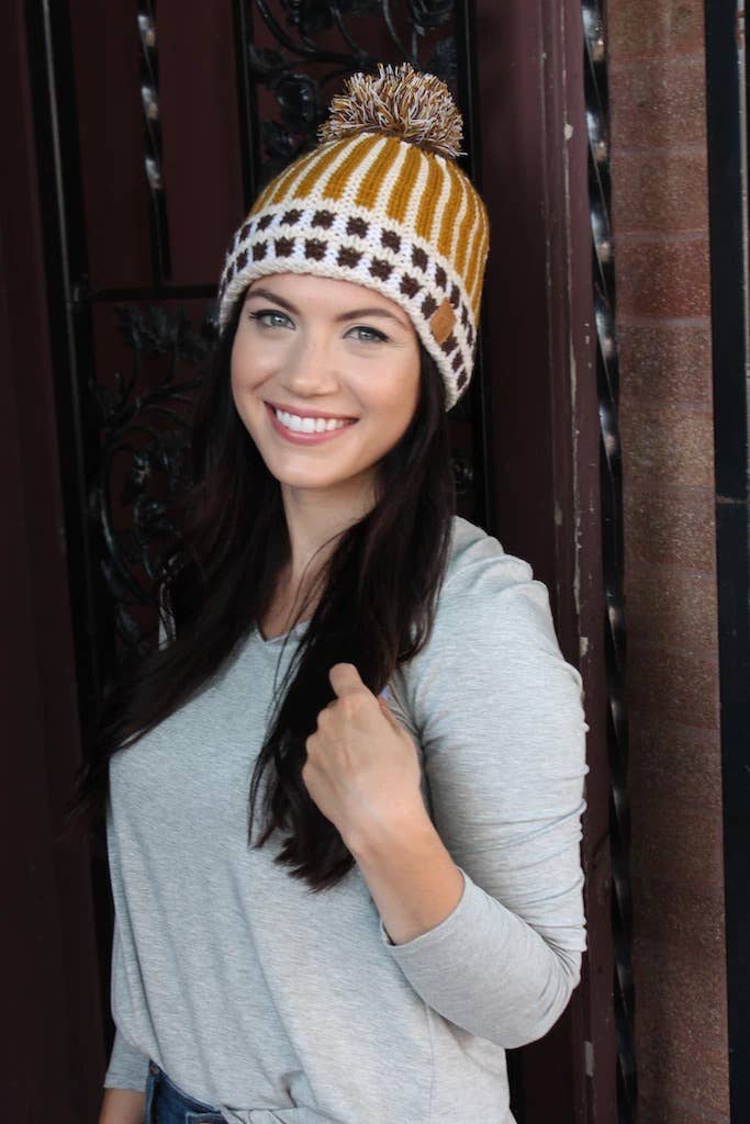 Mustard striped Fleece Lined Hat with pom